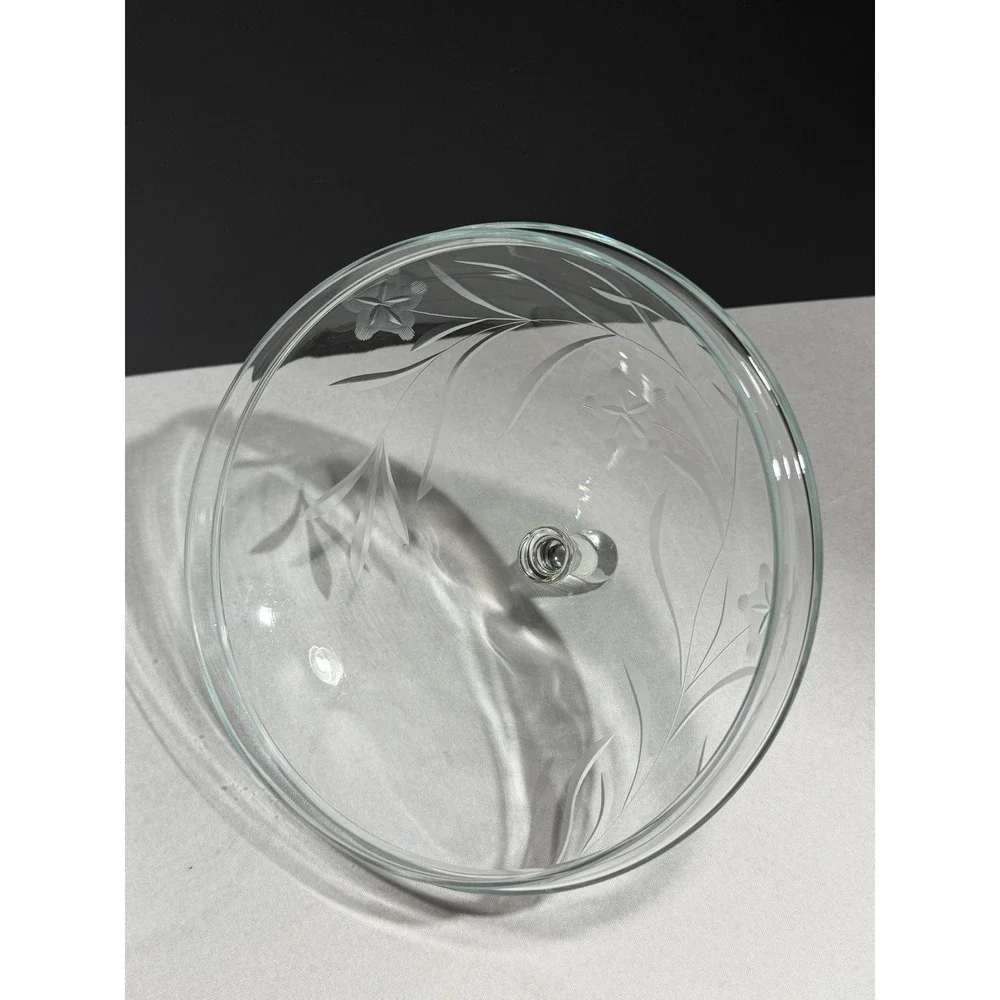 Vintage Etched Clear Glass Candy Dish with Lid Floral Pattern Pedestal Bowl